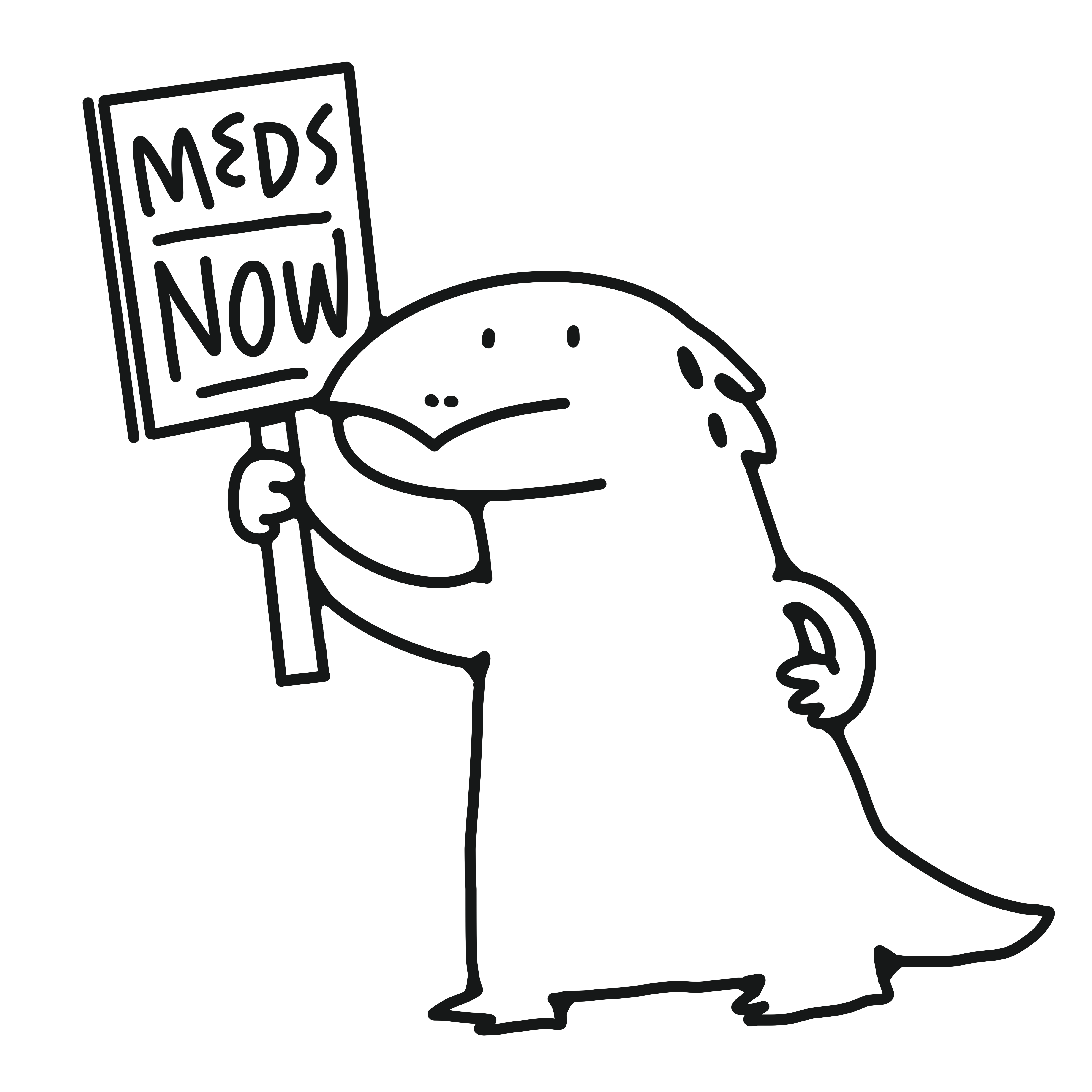 舉著「MEDS NOW」標語的蜥蜴插圖